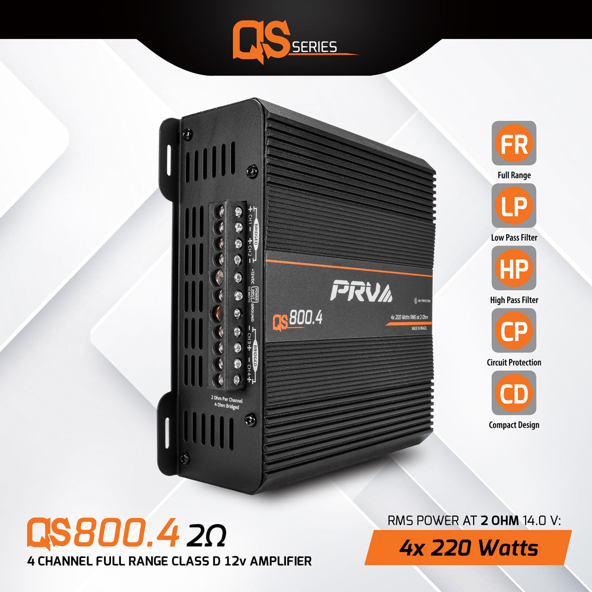 QS800.4 | 2 Ohm Compact 4 Channel Car Audio Amplifier 4 x 220 Watts RMS